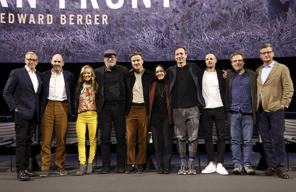 (L-R) Brian Williams, Edward Berger, Lesley Paterson, Ian Stokell, Albrecht Schuch, Heike Merker, Volker Bertelmann, Markus Stemler, Frank Petzold, and Malte Grunert pose onstage during Netflix's All Quiet On The Western Front Los Angeles Academy Museum Screening at Academy Museum of Motion Pictures on February 11, 2023 in Los Angeles, California.