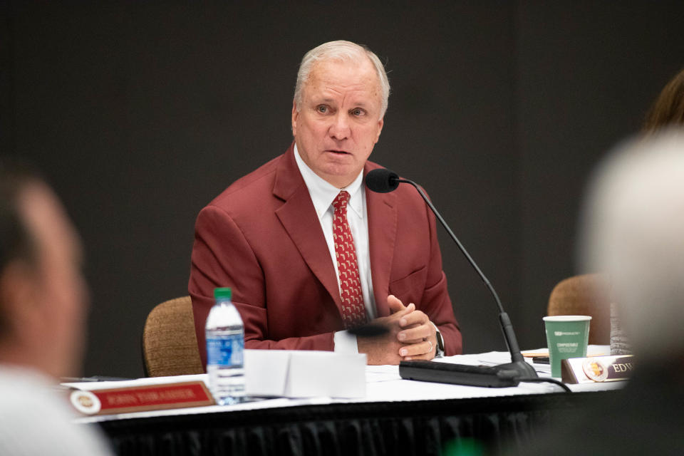 Florida State University's former Board of Trustees Chair Ed Burr speaks during a meeting of the body to choose the university's next president at the Turnbull Conference Center Monday, May 24, 2021.