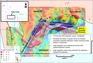 Displays 1st vertical derivative magnetic image for the Isabella East property. Image shows the occurrence of extensive high magnetic zones within sediments adjacent to the granite contact and the area identified for potential sediment-hosted mineralization. The distribution of surface vein sample assays results for Au g/t are also indicated as are areas of leucogranite. Figure 4 below shows 3D inversion model of the high magnetic zone hosting the breccia.