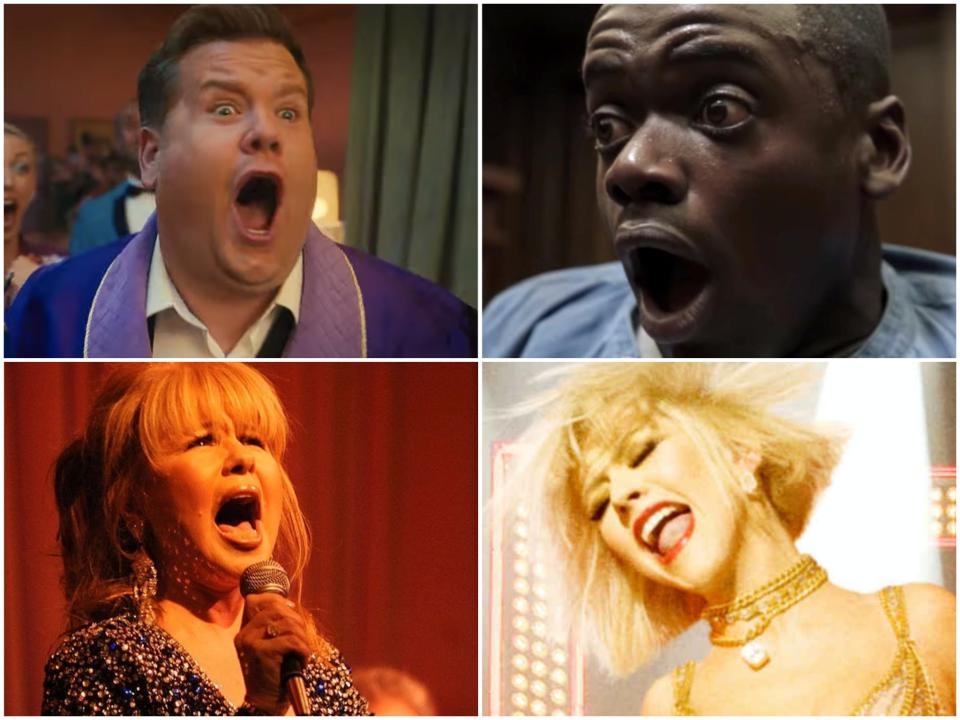Globes weirdest: Daniel Kaluuya in Get Out, Christina Aguilera in Burlesque, Pia Zadora in concert, and James Corden in The Prom (clockwise from top right)  (Universal/Screen Gems/Valerie Macon/Getty/Netflix)