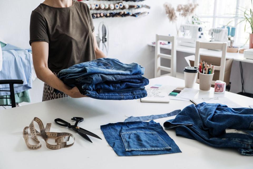 denim being sewn