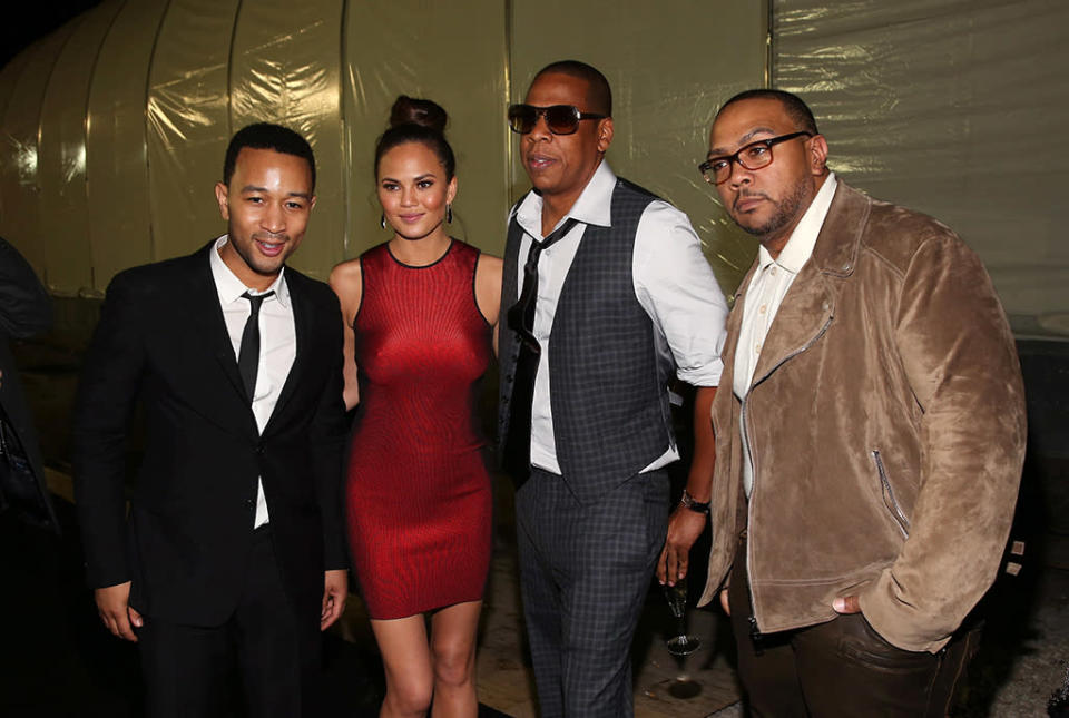 Justin's fellow musicians (L-R) John Legend, Jay-Z, and Timbaland came out to support him. And Legend's model fiancee Christy Teigen tagged along too. Jay-Z and Timbaland weren't just spectators, though. Both guys made guest appearances with JT.