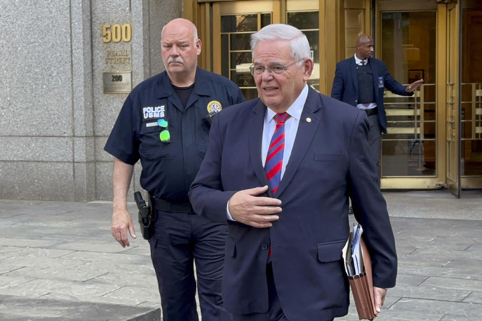 FILE - U.S. Sen. Bob Menendez, D-N.J., leaves federal court following the day's proceedings in his bribery trial, Tuesday, June 18, 2024, in New York. The sister of Sen. Menendez has come to her brother's defense as the first witness called by his lawyers in the bribery case against Menendez and two New Jersey businessmen. Caridad Gonzalez testified Monday, July 1, three days after prosecutors rested. (AP Photo/Larry Neumeister, File)