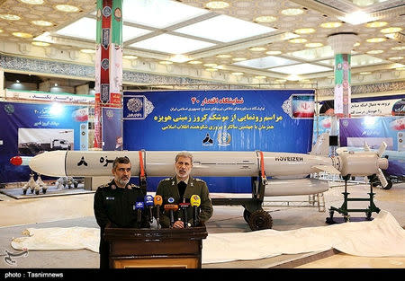 Iran's Defence Minister Amir Hatami speaks during the unveiling ceremony at an exhibition in Tehran, Iran, Faberuary 2, 2019. Tasnim News Agency/Handout via REUTERS