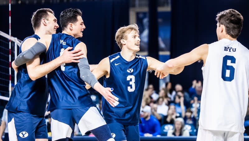 BYU players react after a big point against Long Island University at the Smith Fieldhouse in Provo on Feb. 10, 2024. The Cougars defeated defending national champion UCLA last weekend.