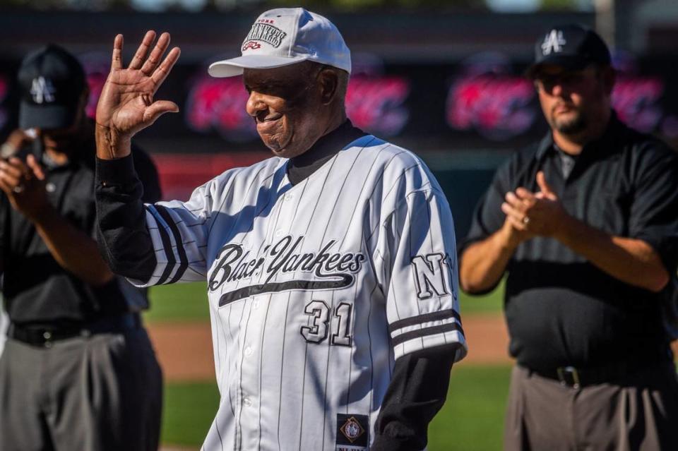 Donald Porter, a Sacramento resident who played for the Black Yankees in the Negro League, is honored during a game celebrating the league’s 100th anniversary at Sutter Health Park in West Sacramento on Sunday, May 24, 2021. Porter, who threw the first pitch, was nicknamed Rook - short for Rookie - because he entered the league as a teenager.