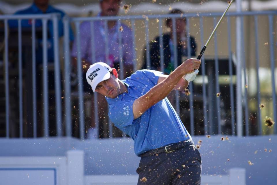 Patrick Cantlay tees off from the 17th during the second round of the RBC Heritage Presented by Boeing at Harbour Town Golf Links on Friday, April 14, 2023 in Sea Pines on Hilton Head Island.