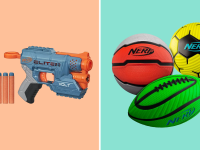 A colorful collage with a Nerf blaster and a Nerf football, soccer ball, and basketball.