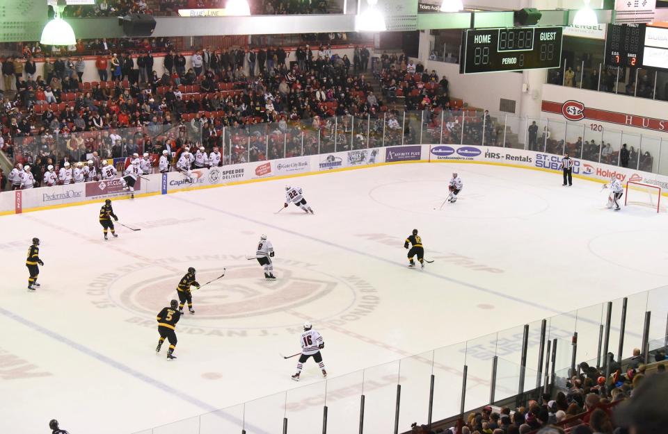 St. Cloud State controls the puck against Colorado College Saturday, Feb. 26, 2022, at Herb Brooks National Hockey Center in St. Cloud.