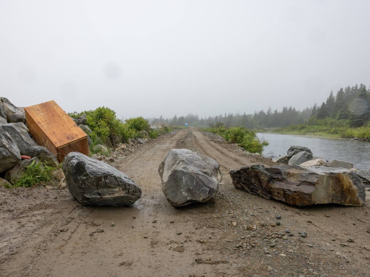 Boulders were placed in the dirt road leading to the pathway across Peter Kelly's property this summer. (Robert Short/CBC - image credit)