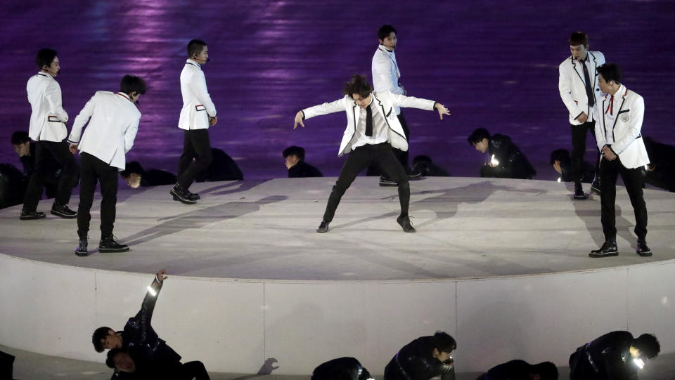 EXO performs during the closing ceremony of the 2018 Winter Olympics in Pyeongchang. (AP Photo)