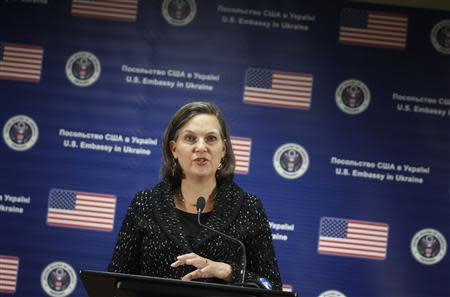 U.S. Assistant Secretary of State Victoria Nuland addresses a news conference at the U.S. embassy in Kiev February 7, 2014. REUTERS/Gleb Garanich