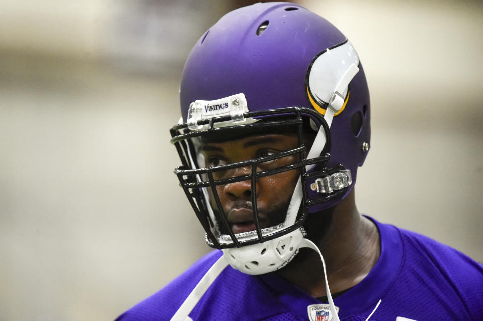 FILE - In this May 25, 2016, file photo, Minnesota Vikings defensive tackle Linval Joseph works out during NFL football practice in Eden Prairie, Minn. The salary-cap-strapped Minnesota Vikings have terminated the contracts of two long-time starters: nose tackle Linval Joseph and cornerback Xavier Rhodes. The move will clear more than $18.5 million off the team's salary cap. (AP Photo/Craig Lassig, File)