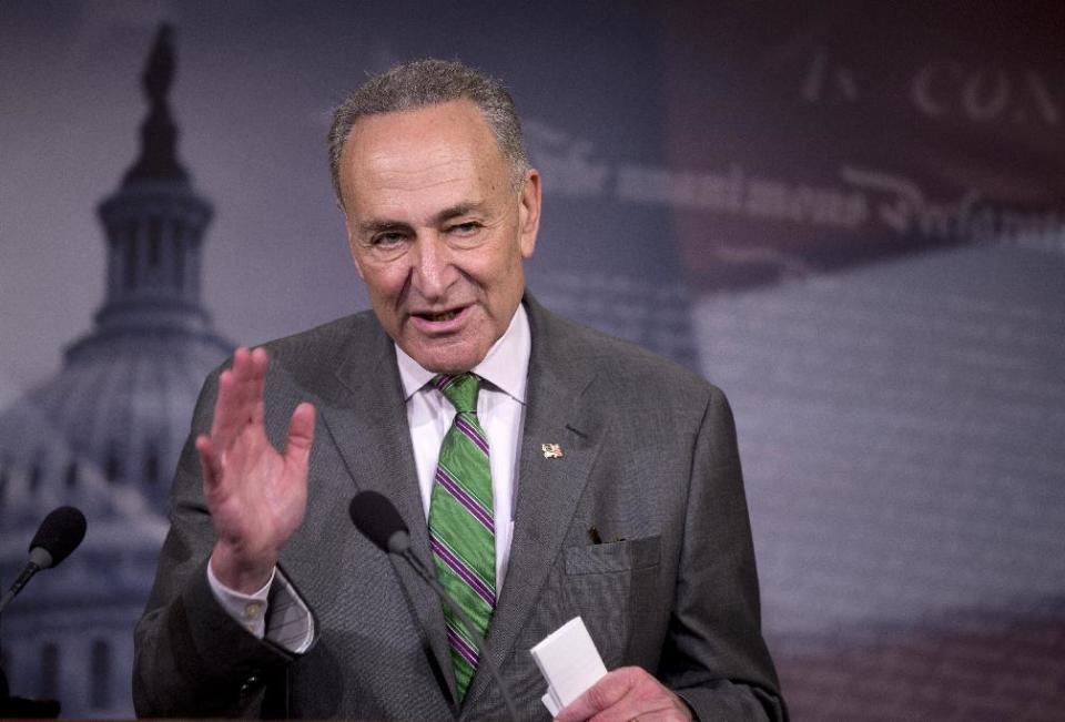 Sen. Charles Schumer, D-N.Y., speaks to reporters on Capitol Hill in Washington, Wednesday, April 2, 2014, about the Supreme Court decision in the McCutcheon vs. FEC case, in which the Court struck down limits in federal law on the aggregate campaign contributions individual donors may make to candidates, political parties, and political action committees. (AP Photo/Manuel Balce Ceneta)