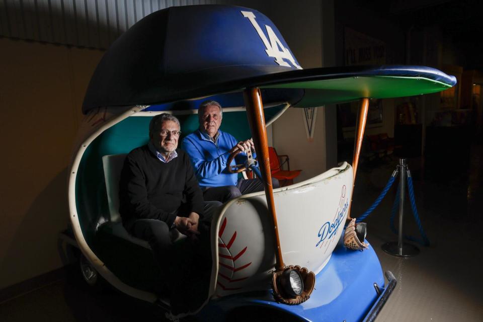 Dodgers broadcasters Charley Steiner, left, and Rick Monday at Dodger Stadium.