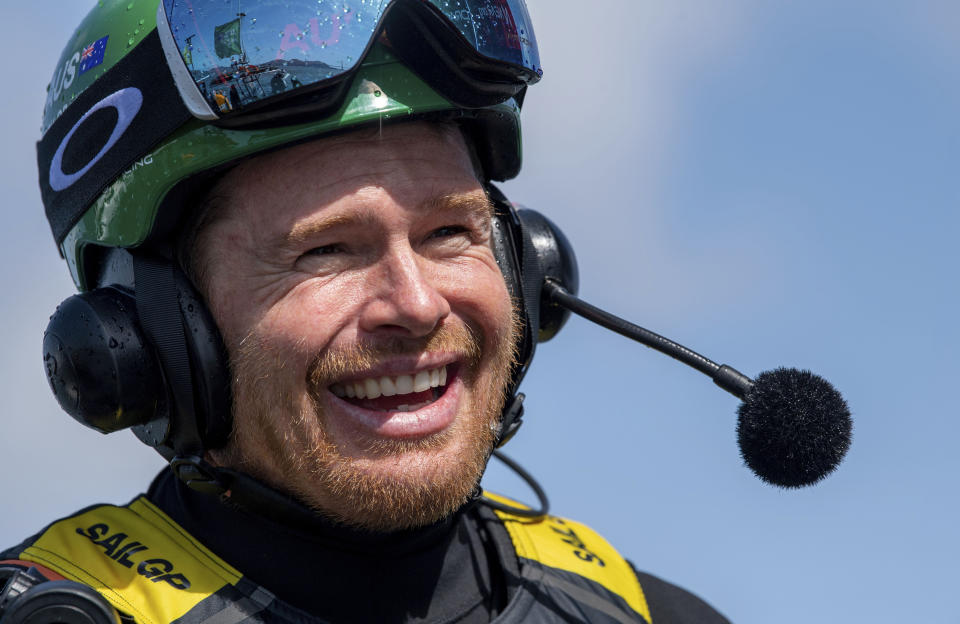 In this photo provided by SailGP, Tom Slingsby, CEO and driver of Australia SailGP Team, smiles after winning the Grand Final on Race Day 2 of the Mubadala SailGP Season 3 Grand Final in San Francisco, Sunday, May 7, 2023. (Ricardo Pinto/SailGP via AP)