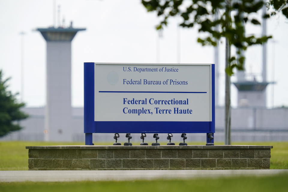 FILE - A sign is displayed at the federal prison complex in Terre Haute, Ind., Aug. 28, 2020. Biden doesn't discuss the death penalty much today. Biden doesn't discuss the death penalty much today. Former President Donald Trump, meanwhile, vows in his campaign speeches to seek execution for drug dealers as part of a national crackdown on crime. Capital punishment may not be dominating the 2024 presidential race, but it could quickly seize the political spotlight after November. (AP Photo/Michael Conroy, File)