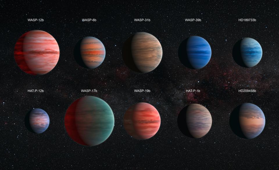 Dix exoplanèetes de tailles et couleurs différentes