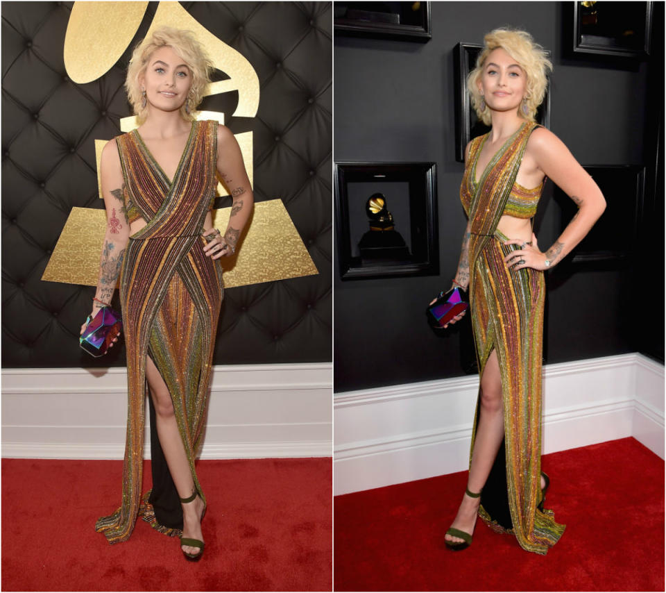 Paris Jackson stuns in a Balmain jumpsuit, black-strapped heels and Michael Bradley clutch at the 59th Grammy Awards. <em>(Photos: Getty)</em>