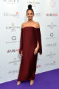 <p>Alesha stunned in an off-the-shoulder cape gown designed in a rich burgundy shade and paired with simple silver sandals. <i>[Photo: PA]</i> </p>