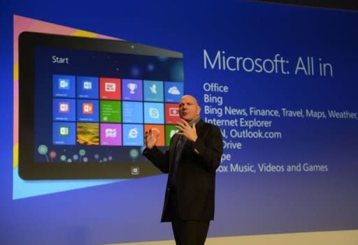 Microsoft CEO Steve Ballmer officially launches Windows 8 in New York. The new Windows 8 operating system and tablet mark a new offensive for the US tech giant seeking to keep pace with Apple and Google amid a dramatic shift away from PCs to mobile devices