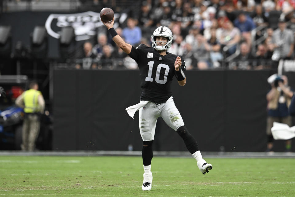 Oct 15, 2023; Paradise, Nevada, USA; Las Vegas Raiders quarterback Jimmy Garoppolo (10) makes a pass against the New England Patriots in the first quarter at Allegiant Stadium. Mandatory Credit: Candice Ward-USA TODAY Sports