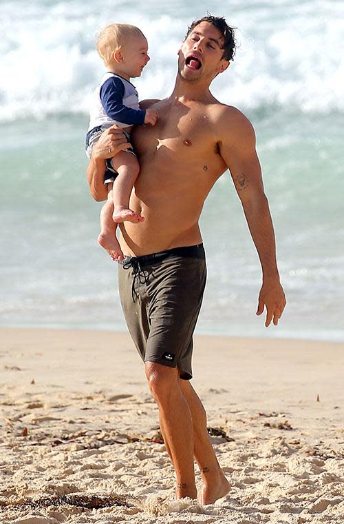 Getting some practice in are we Matty? New Aussie Bachelor Matty J appears to be getting plenty of practice with kids as he frolics with his adorable nephew and sister Kate on Sydney's famous Bondi beach earlier this month. Matty told OK Magazine, "I will propose during the Bachelor finale if I meet the right girl, and I'm ready for children."