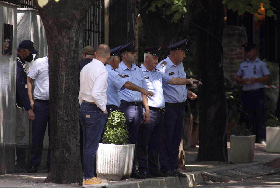 Police guard outside the Iranian Embassy in Tirana, Albania, Thursday, Sept. 8, 2022. The last staff of the Iranian Embassy in Tirana have left the building after they were given 24 hours to leave Albania over a major cyberattack that the Albanian government blames on Iran. It is the first known case of a country cutting diplomatic relations over a cyberattack. (AP Photo/Franc Zhurda)