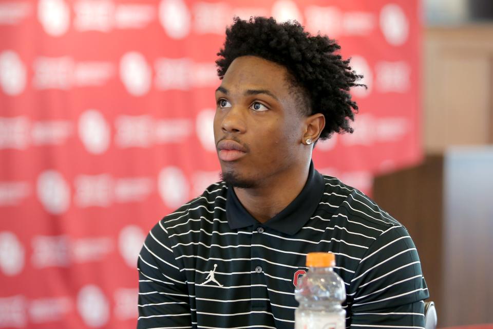Oklahoma Sooners defensive back Kendel Dolby speaks to media during a press conference in Norman, Okla., Thursday, Feb. 16, 2023.