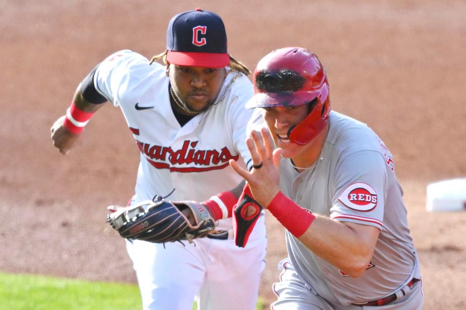 May 17: Cleveland Guardians third baseman Jose Ramirez cases the Cincinnati Reds' Tyler Stephenson on the base paths during the second inning at Progressive Field.