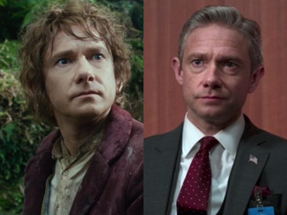 On the left: Martin Freeman as Bilbo Baggins in "The Hobbit: An Unexpected Journey." On the right: Freeman as Everett K. Ross in "Black Panther."