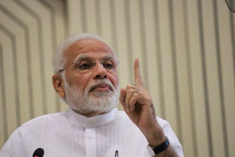 <span class="caption">Modi faces a general election this year.</span> <span class="attribution"><a class="link " href="https://www.shutterstock.com/download/success?u=http%3A%2F%2Fdownload.shutterstock.com%2Fgatekeeper%2FW3siZSI6MTU1MTg5NzIxMSwiYyI6Il9waG90b19zZXNzaW9uX2lkIiwiZGMiOiJpZGxfMTE1MDI3NzQ4OSIsImsiOiJwaG90by8xMTUwMjc3NDg5L21lZGl1bS5qcGciLCJtIjoxLCJkIjoic2h1dHRlcnN0b2NrLW1lZGlhIn0sInp3b3dyMXVBeUhlWWI1NFUwR2VMbWI5VlByWSJd%2Fshutterstock_1150277489.jpg&ir=true&pi=33421636&m=1150277489" rel="nofollow noopener" target="_blank" data-ylk="slk:Shutterstock;elm:context_link;itc:0;sec:content-canvas">Shutterstock</a></span>