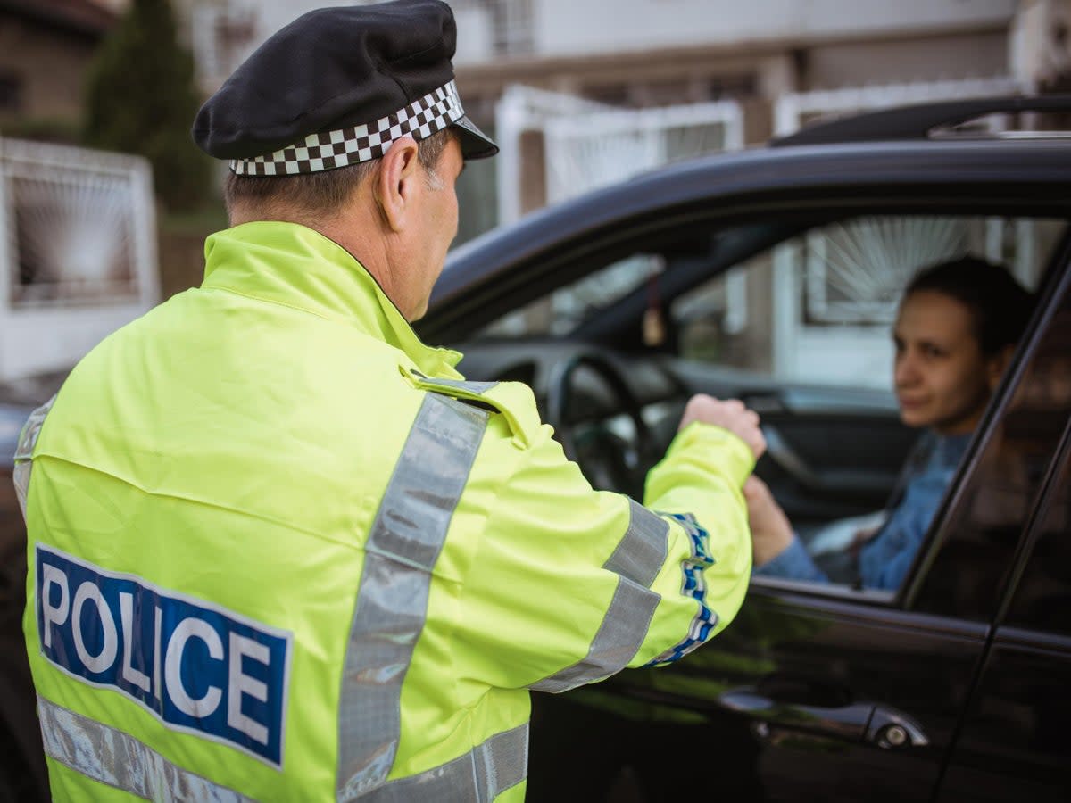 Young woman pulled over by police officer on the road. A Colorado man who was pulled over for speeding attempted to frame his dog  (iStock)