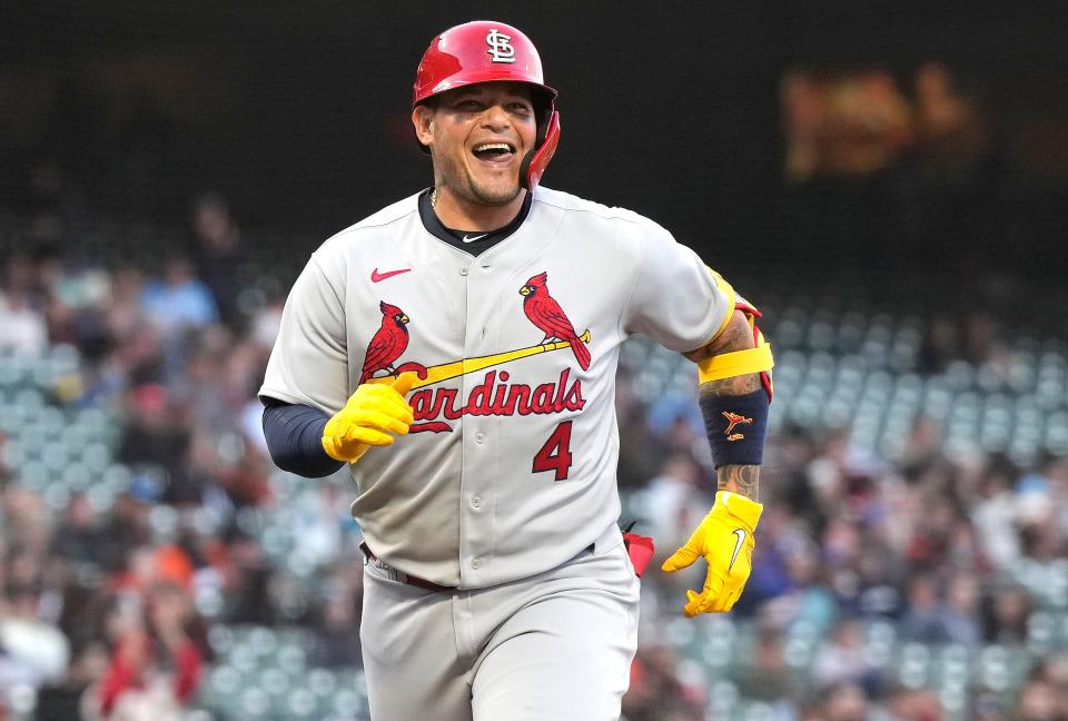 SAN FRANCISCO, CALIFORNIA - MAY 05: Yadier Molina #4 of the St. Louis Cardinals reacts while trotting around the bases after hitting a solo home run against the San Francisco Giants in the top of the third inning at Oracle Park on May 05, 2022 in San Francisco, California. (Photo by Thearon W. Henderson/Getty Images)