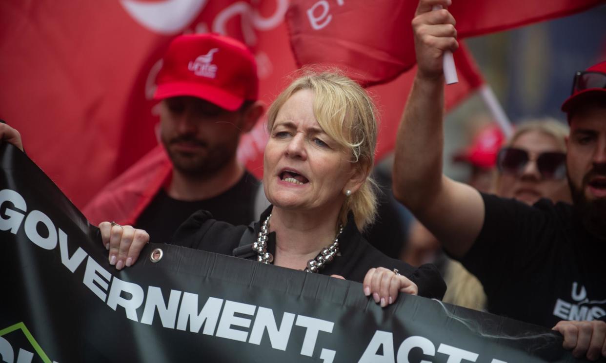 <span>Sharon Graham, general secretary of the Unite trade union, leads steel workers down Whitehall last year to demand more support for the industry. She says the British economy is broken. </span><span>Photograph: Guy Smallman/Getty Images</span>