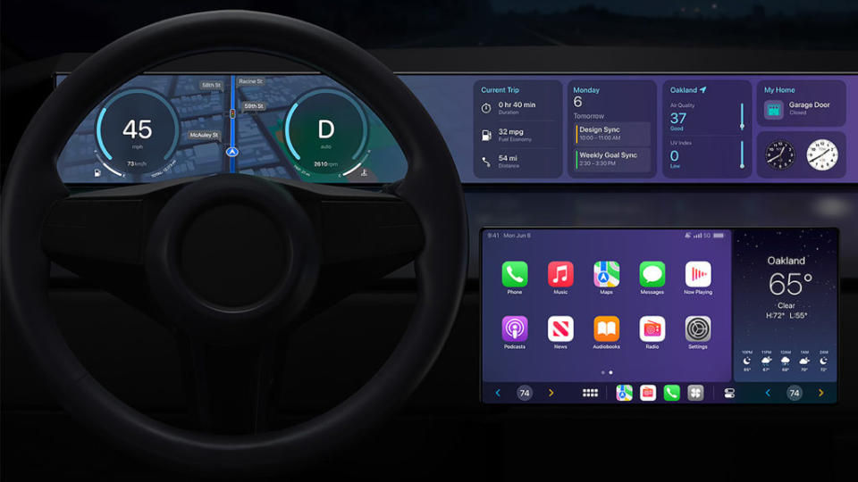 新一代CarPlay將會與車輛硬體更近一步整合，且可投影至儀錶板，顯示車速、油量、水溫等資訊。(圖片來源/ Apple)