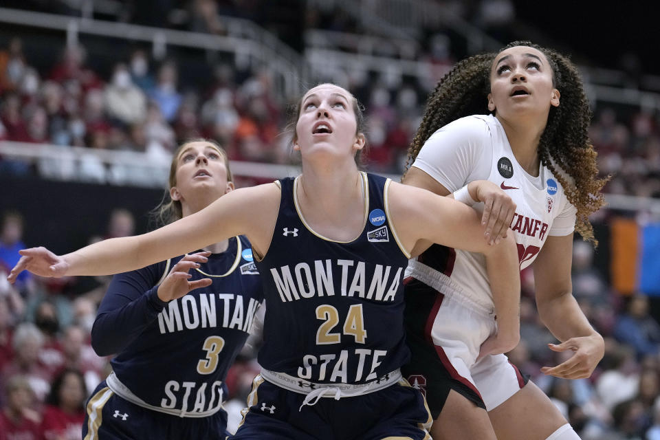 Montana State forward Taylor Janssen (24) battles for a rebound against Stanford guard Haley Jones, right, during the first half of a first-round game in the NCAA women's college basketball tournament Friday, March 18, 2022, in Stanford, Calif. (AP Photo/Tony Avelar)