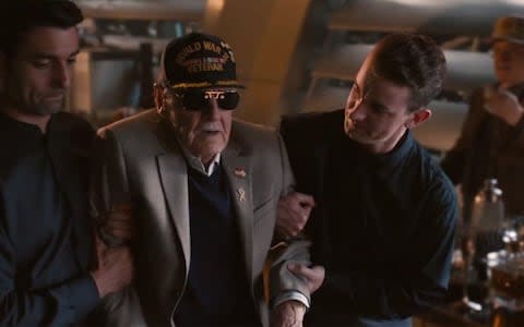 Stan Lee as tipsy World War II veteran in Avengers: Age of Ultron - Credit: Marvel Studios