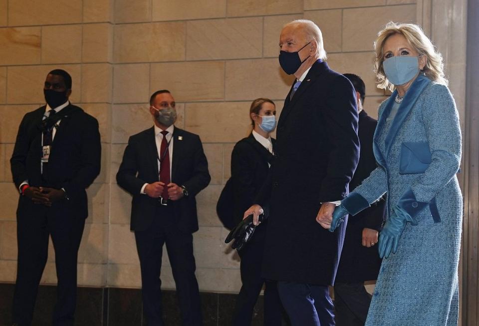 President-elect Joe Biden and his wife Jill Biden arrive at the East Front of the US Capitol ahead of Biden’s inauguration at the US Capitol in Washington.