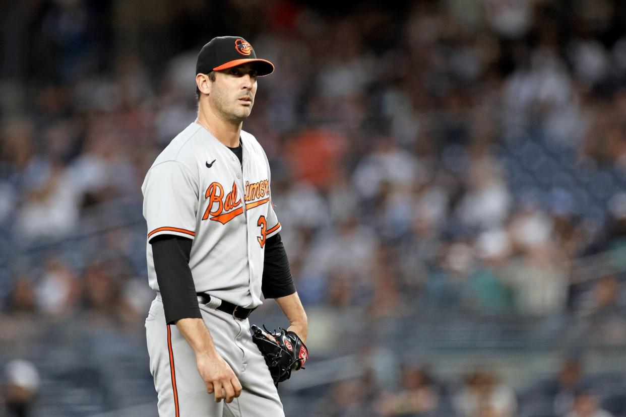 Matt Harvey #32 of the Baltimore Orioles pitches against the New York Yankees during the third inning at Yankee Stadium on August 4, 2021 in New York City.