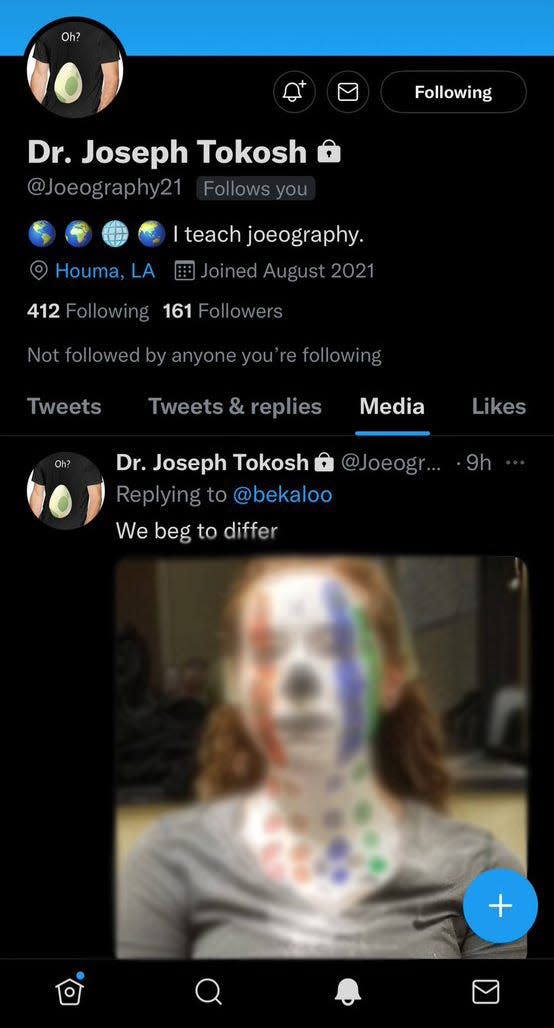 This screenshot is from a now-deleted Twitter account tied to Joseph Tokosh. The woman's picture also appears in a Reddit account associated with Tokosh. Note: USA TODAY blurred the woman's face to protect her identity.