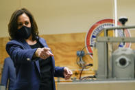 Democratic vice presidential candidate Sen. Kamala Harris, D-Calif., speaks during a tour of the IBEW 494 training facility Monday, Sept. 7, 2020, in Milwaukee. (AP Photo/Morry Gash)