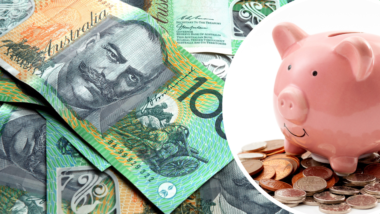 Australian 100 dollar notes and piggy bank with money. Superannuation concept.