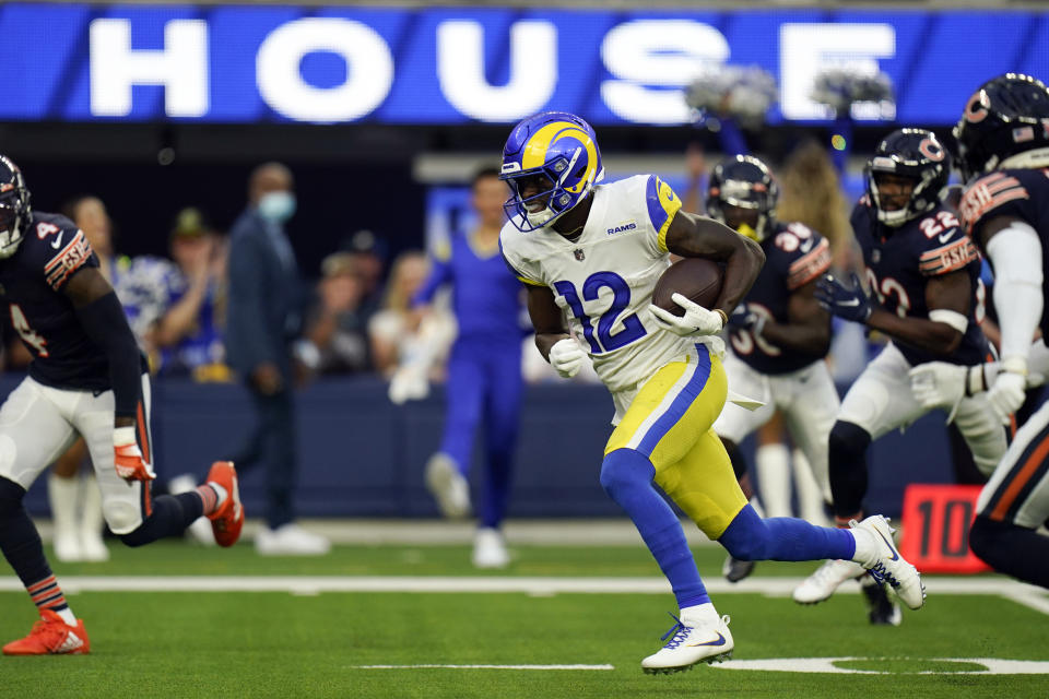 Los Angeles Rams wide receiver Van Jefferson runs on his way for a touchdown during the first half of an NFL football game against the Chicago Bears, Sunday, Sept. 12, 2021, in Inglewood, Calif. (AP Photo/Jae C. Hong)