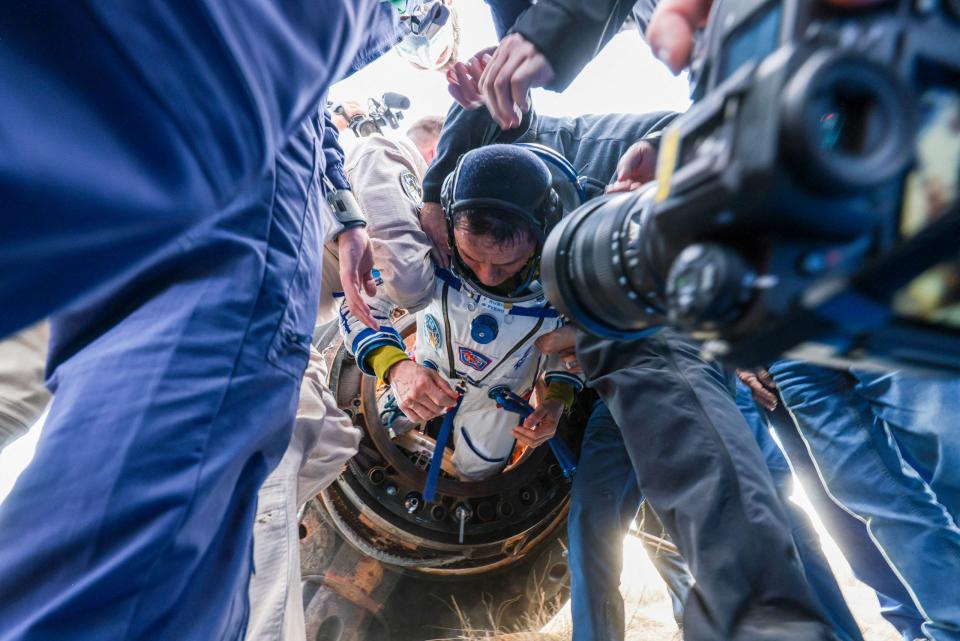 NASA astronaut Frank Rubio is helped after landing in September in a remote area of Kazakhstan after an American record of 371 days spent in space aboard the International Space Station (ISS.)