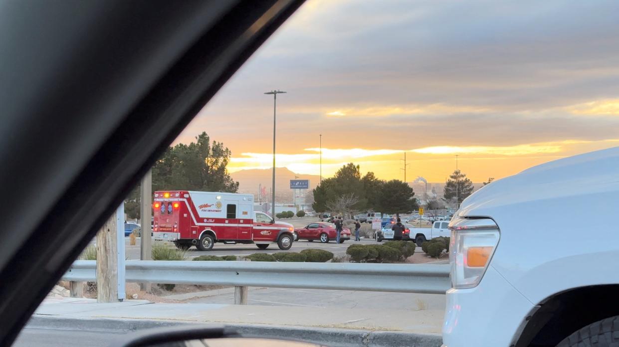 An ambulance arrives as law enforcement officials stand outside the Cielo Vista Mall (@ThatVatoJaime via REUTERS)