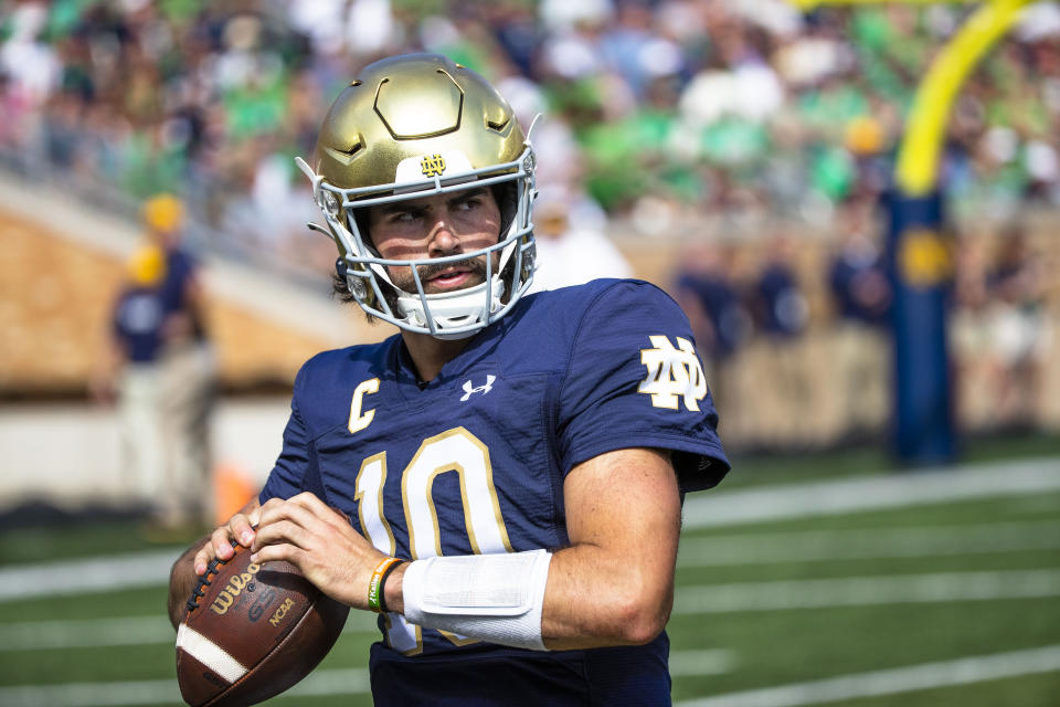 It's been smooth sailing for Notre Dame and quarterback Sam Hartman for the first two games of their season. Things will likely be tougher this week at NC State. (AP Photo/Michael Caterina)