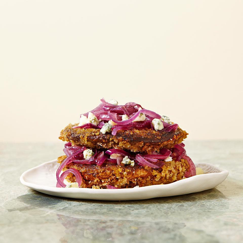 Crispy Portobello Cutlets with Caramelized Onions & Blue Cheese