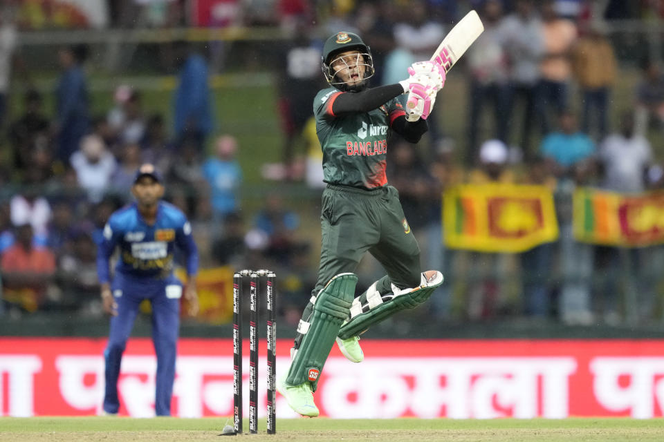Bangladeshes' Mushfiqur Rahim plays a shot during the one day international cricket match between Sri Lanka and Bangladesh of Asia Cup in Pallekele, Sri Lanka on Thursday, Aug. 31. (AP Photo/Eranga Jayawardena)