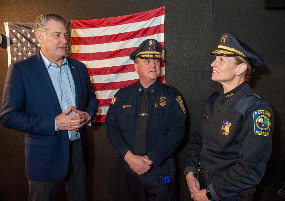 Middlesex Sheriff Peter Koutoujian chats with Hopkinton Police Chief Joseph Bennett and Ashland Police Chief Cara Rossi inside the Middlesex Sheriff Mobile Training Center, which provides an interactive scenario-based training program, March 14, 2023.